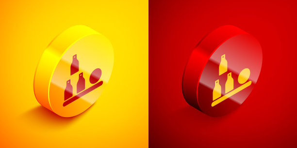 等距瓶球图标孤立在橙色和红色的背景。圆按钮。向量图片下载