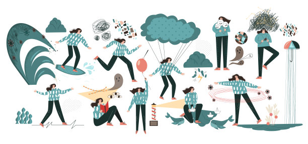 一套心理健康矢量插图Ð’部分健康自我照顾女性角色图片下载