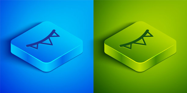 等距线狂欢节花环与旗帜图标孤立在蓝色和绿色的背景。宴会用三角旗庆祝生日，节日装饰。方形按钮。向量图片下载