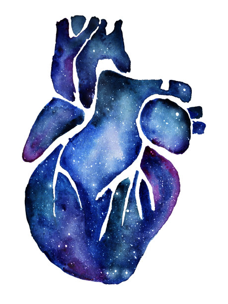 蓝色水彩人类心脏与银河效应图片下载