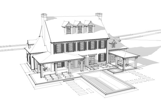 殖民风格的现代古典住宅的3d渲染，白色背景上的黑线图片下载