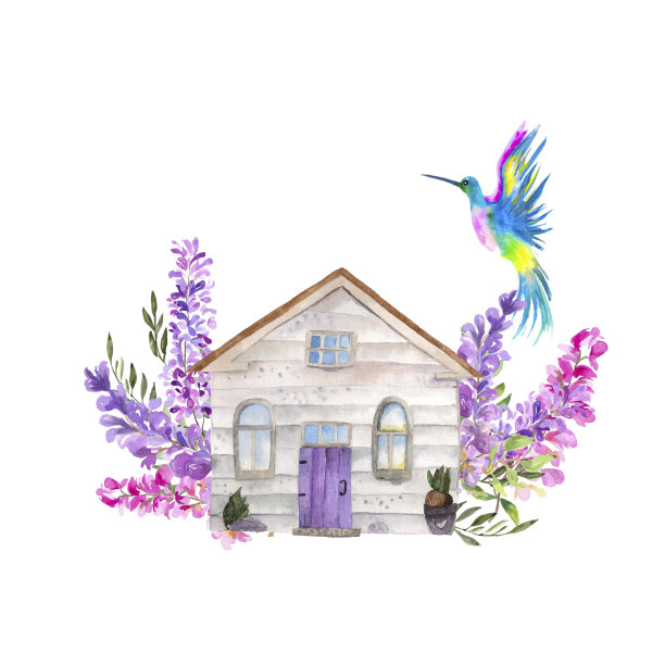水彩插图。画了一个灰色的房子和紫藤花。用于明信片、设计、印刷的水彩构图图片下载