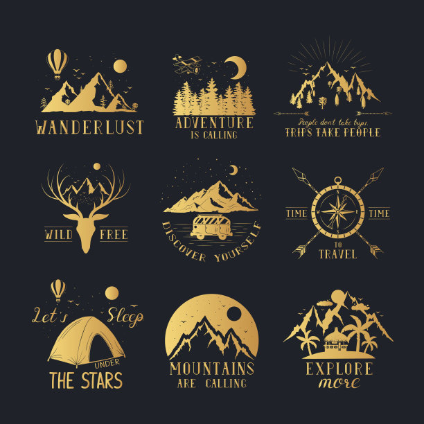 一套手绘的旅游欲望金色徽章与山，森林，指南针，鹿，热气球，飞机。矢量隔离发现打印。黄金几何框架探索标签。图片下载
