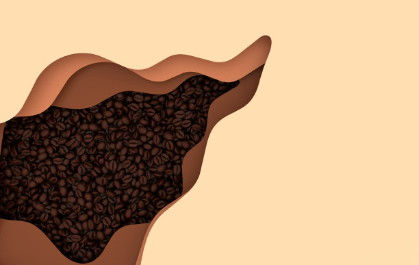 深色现烤咖啡豆3d渲染背景。大量逼真的咖啡豆近距离观察。波浪纸，折纸艺术图片下载