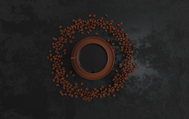 咖啡杯和逼真的咖啡豆平铺，3d渲染背景。大量的咖啡豆靠近。平躺图片下载