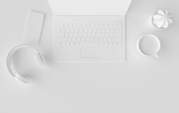 笔记本电脑，手机，耳机，咖啡杯3d渲染。远程工作，自由职业，工作空间，禁闭，呆在家里的概念。俯视图，白色图片下载