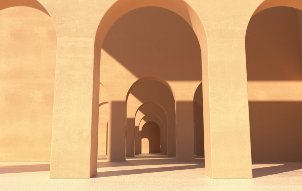3 d渲染。拱廊简单几何背景，建筑廊道、门洞、拱柱内空墙。现代的最小概念图片下载