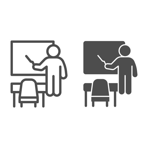 教师靠近黑板和课桌的线和实心图标，学校概念，教师与指针和黑板标志在白色的背景，小学生，黑板图标在大纲风格的网页设计。矢量图形。图片下载