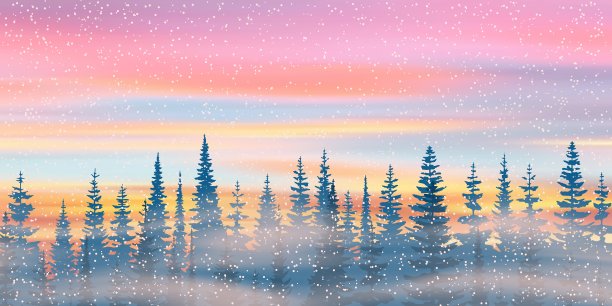 森林的背景下，一个戏剧性的日落。图片下载