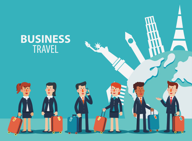 带着行李箱的商人。商务旅行矢量概念。著名地标旅游目的地图片下载