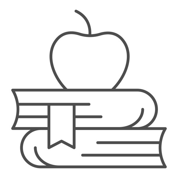 苹果在书籍上的细线图标，学校的概念，书籍和苹果在白色的背景上的标志，教育符号图标在轮廓风格的移动概念和网页设计。矢量图形。图片下载