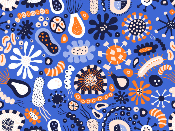 彩色手绘细菌和病毒主题涂鸦无缝图案在蓝色橙色粉色白色孤立矢量背景。斯堪的纳维亚风格的医学背景。极简时尚的医疗纹理。图片下载