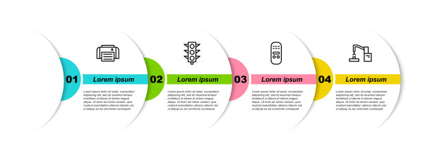 设行印表机、交通灯、遥控和机械手机械手工厂。业务信息模板。向量图片下载