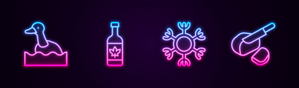 系列:飞鸭、啤酒瓶、雪花、火腿。发光的霓虹灯图标。向量图片下载
