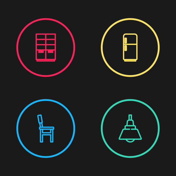 设置线椅子，吊灯，冰箱和衣柜图标。向量图片下载