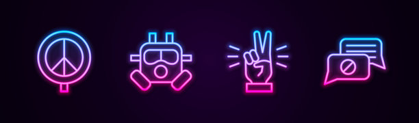 设置线和平，防毒面具，手显示两个手指和语音气泡聊天。发光的霓虹灯图标。向量图片下载