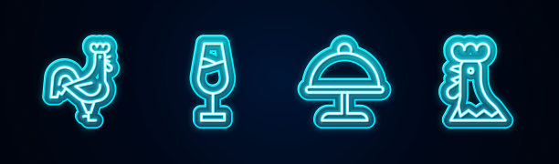 设置线法国公鸡，葡萄酒杯，覆盖托盘和。发光的霓虹灯图标。向量图片下载