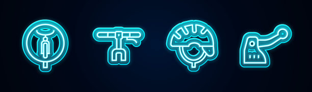 设置线路自行车，车把，头盔和制动器。发光的霓虹灯图标。向量图片下载