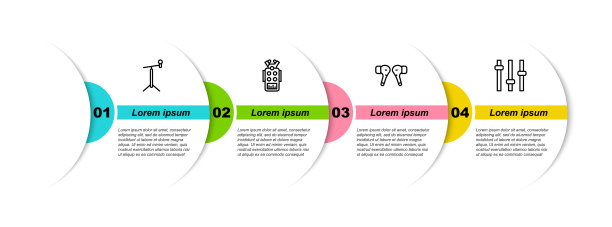 设置线麦克风与支架，空气耳机和音乐均衡器。业务信息图模板。向量图片下载