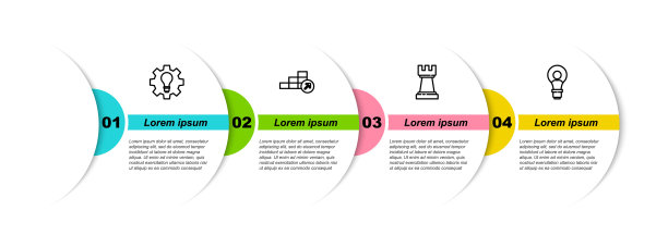 设置线灯泡和齿轮，金融增长，象棋和头与灯。业务信息模板。向量图片下载