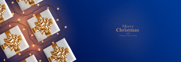 圣诞快乐和新年快乐明信片模板。圣诞设计现实的礼物盒与金丝带，节日灯和装饰物品。圣诞海报，节日横幅，传单，贺卡图片下载