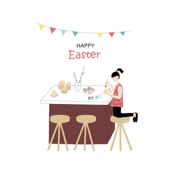 复活节快乐!可爱的矢量彩色平面插图与小女孩装饰鸡蛋。为假期做准备。用于贺卡、海报、横幅。图片下载