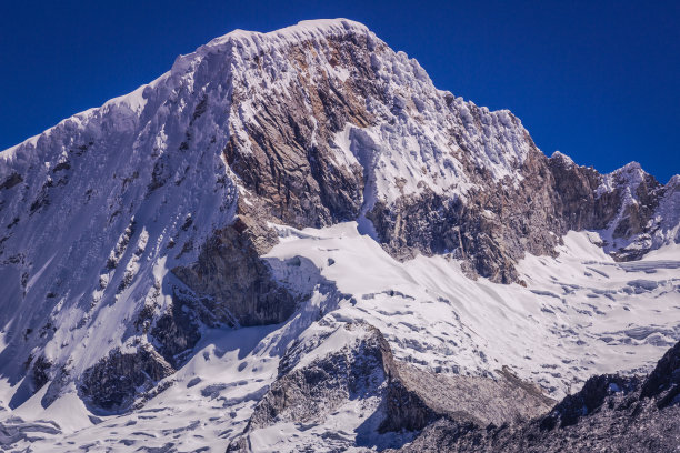 引人注目的山峰和冰川细节-白雪皑皑的布兰卡山脉-安第斯，秘鲁图片下载