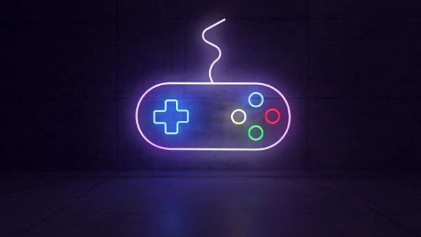 游戏操纵杆霓虹灯与彩色灯光效果在黑暗的混凝土房间3d渲染图片下载