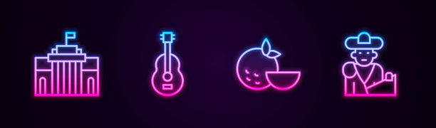 布景线普拉多博物馆，西班牙吉他，橘子水果和斗牛，斗牛士。发光的霓虹灯图标。向量图片下载