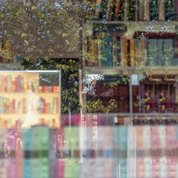 模糊的背景与书架的反映与丰富多彩的书籍和城市景观图片下载