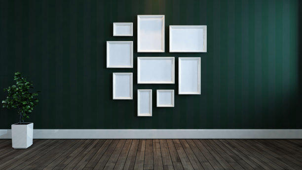 白色相框内衬绿色墙纸墙，木地板和植物3d渲染图片下载