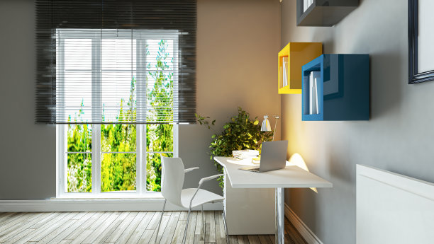 青少年年轻的卧室与书房书桌概念室内设计3d渲染图片下载