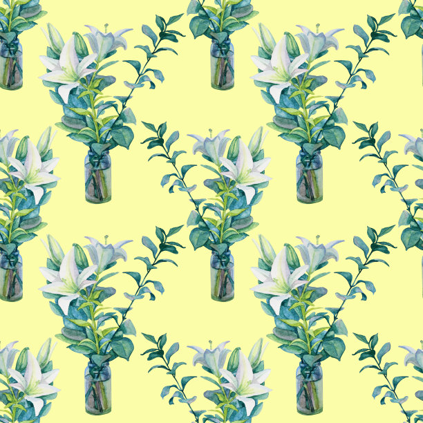 无缝图案水彩花束，白色百合，花瓣，花蕾，绿色叶，黄色枝。艺术创作手绘背景图片下载