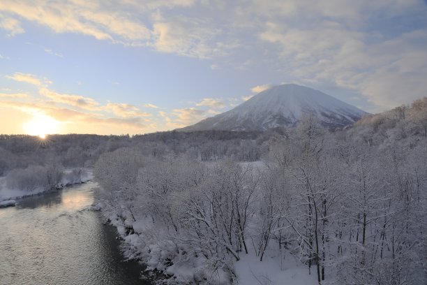 树木被霜、日出和yotei山涂成银色图片下载