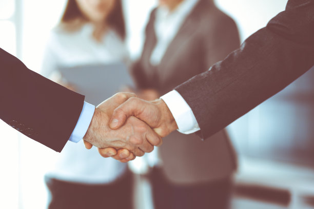 商务人士在会议或谈判后与同事握手。一群不知名的商人和女性在现代办公室。团队合作，伙伴关系和握手的概念，色调图片图片下载