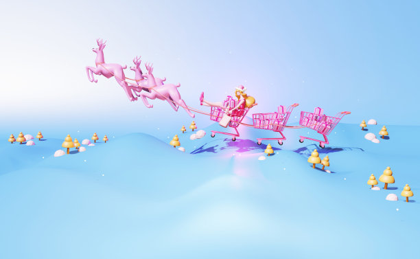 圣诞快乐，新年快乐。卡通人物一个美丽的快乐的女人在圣诞老人的衣服在购物车。3 d演示。网上购物。图片下载