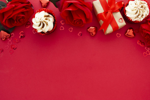 情人节背景，红玫瑰，纸杯蛋糕，礼盒和心形的红色背景与复制空间。图片下载