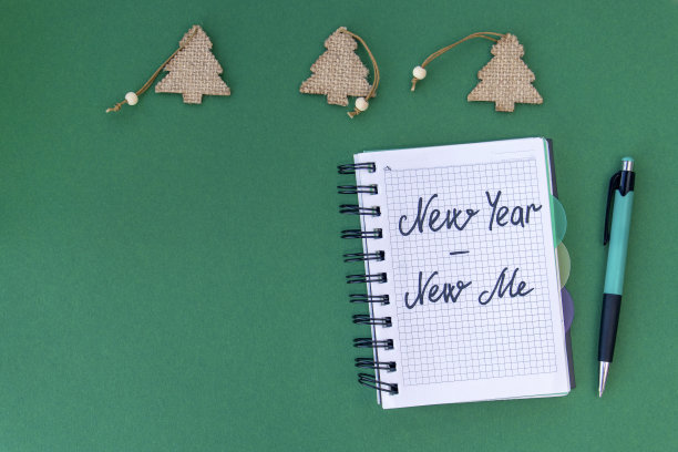新年快乐。新的一年，新的我。绿色的背景与圣诞树。灵感的概念。前视图。平的。图片下载