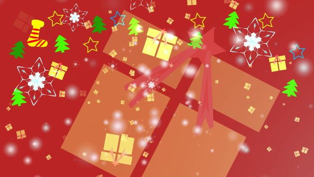 礼盒和雪花花六星六枝荆翅落在红色的背景上图片下载