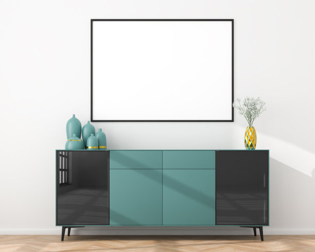 相框模型(140 × 100厘米)与绿松石色餐具柜，花瓶，花，硬木地板。阳光。图片下载