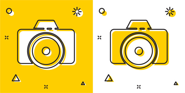 黑色照片相机图标孤立在黄色和图片下载