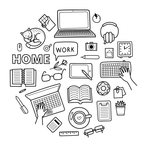 一套可爱的矢量手绘涂鸦元素。居家办公理念、远程学习、冠状病毒疫情预防。物体隔离在白色背景上图片下载