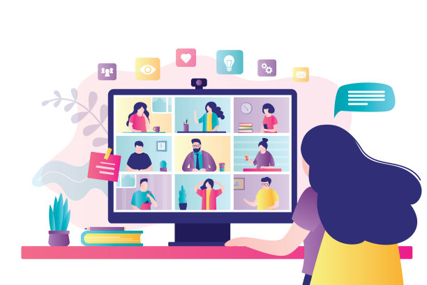 女性通过视频电话与同事交流。台式电脑与一群人一起参加视频会议图片下载