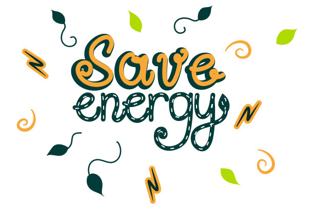 节省能源的字体被隔离在白色背景上。用树叶、闪电和卷发装饰的手写铭文。节约能源和地球健康的标志。矢量图. .图片下载