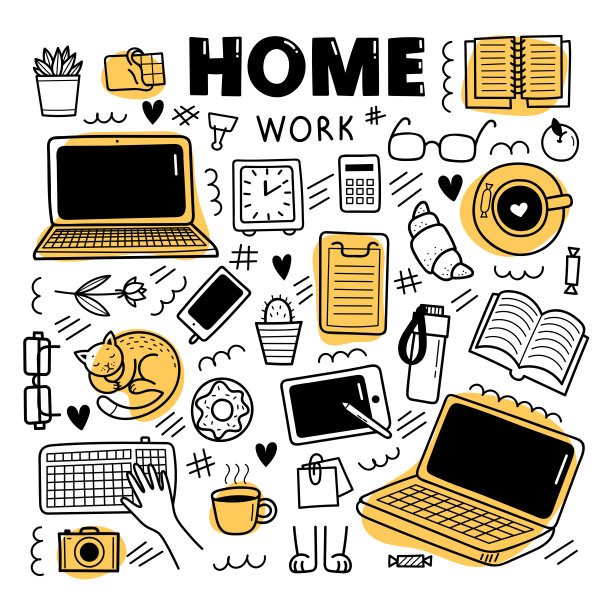 一套可爱的矢量手绘涂鸦元素。居家办公理念、远程学习、冠状病毒疫情预防。物体隔离在白色背景上图片下载