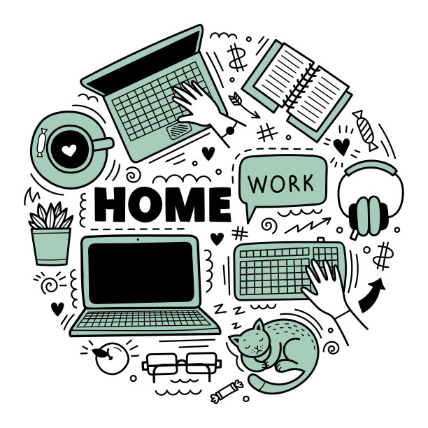 一套可爱的矢量手绘涂鸦元素。居家办公理念、远程学习、冠状病毒疫情预防。物体隔离在白色背景上图片下载