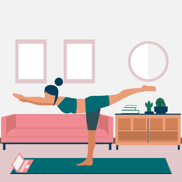 一个年轻女子在她的公寓里做瑜伽。女孩站在武士姿势Virabhadrasana。隔离期间在家练习瑜伽。在线课程，用笔记本电脑学习。每股收益10图片下载