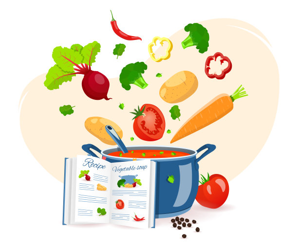食谱，平底锅和蔬菜。食谱，自制食物，食物准备，学习概念。图片下载