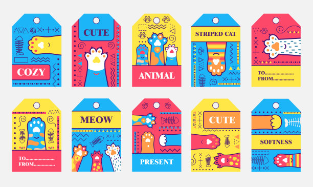 时髦的标签设计与小猫爪子图片下载