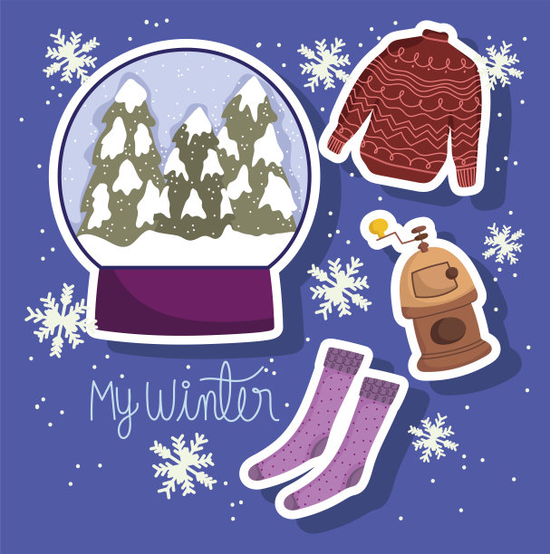 冬天雪球袜子毛衣和木材火炉图标集图片下载